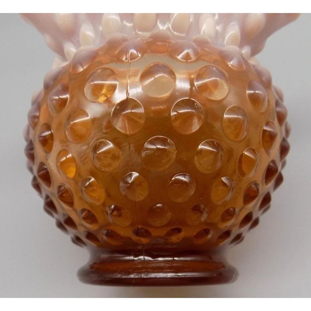 Vintage Fenton Caramel Rose Brown Hobnail Bowl Vase Signed Milk Glass Peach